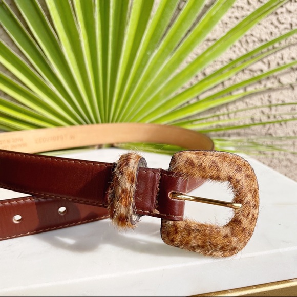 TALBOTS Brown Leather & Tan Leopard Calf Hair Belt - Picture 2 of 5